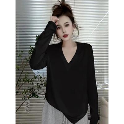 Cotton V-neck Long-sleeved Bottoming Shirt Women's Spring and Autumn Internet Celebrities Foreign Versatile Loose and Thin Top T-shirt