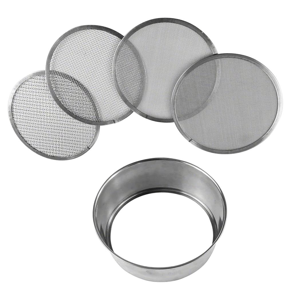 Stainless Steel Soil Sifter Set for Gardening 8 Inch Diameter with 4 Interchangeable Mesh Sizes 0.7/1/3/5mm