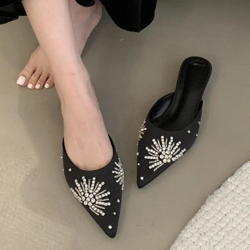 Crystal Women Slippers Elegant Pointed Toe Heeled Sandals Woman Mules Shoes 2025 Summer Fashion Slides Dress Zapatillas De Mujer