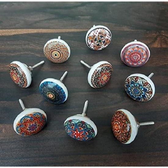 Ceramic Knobs World Door knobs for Drawers Vintage Handmade Blue Mandala Cabinet Handle for Kitchen Wardrobe Furniture (RED, Pack of 15)