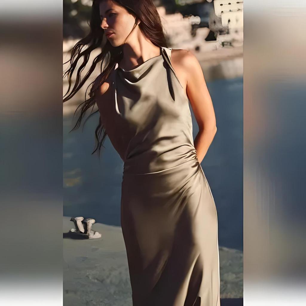 European and American Women's Satin Mid-length Dress with Ruched Waist and Cowl Neck.