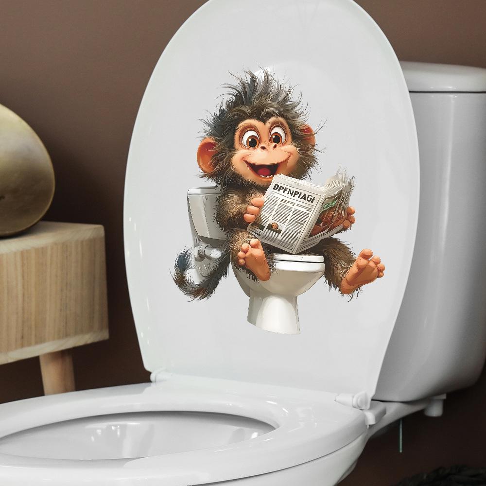 Funny Monkey Reading Newspaper On Toilet Seat Sticker Bathroom Decor Removable Self-Adhesive Decal