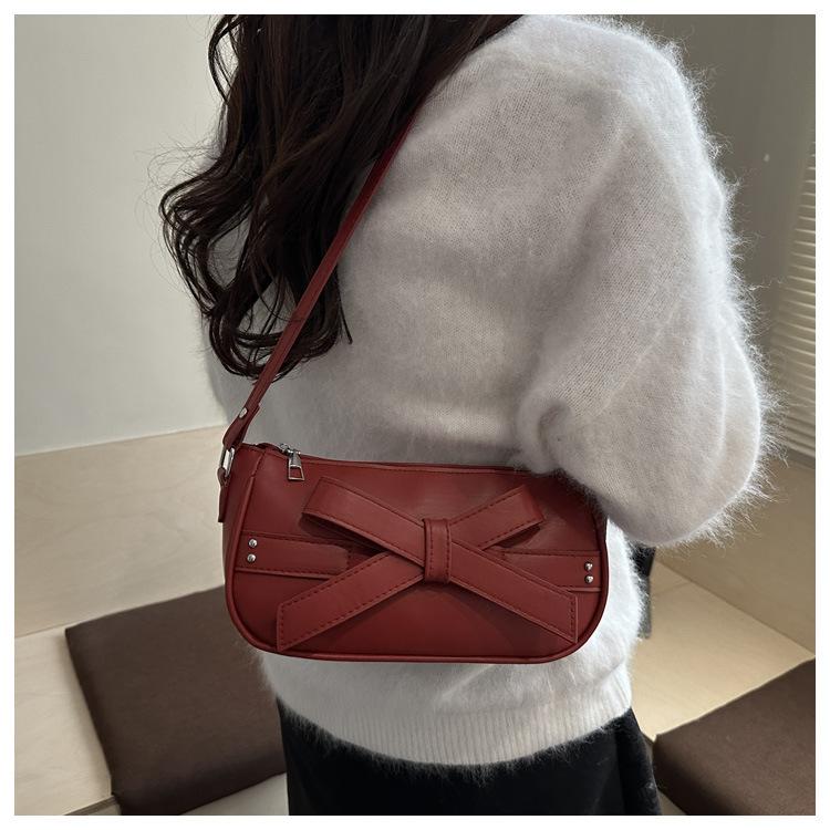 Vintage Bow Square Shoulder Bags for Women Versatile Solid Color Ladies Pu Underarm Bag Simple Female Phone Handbags Purse