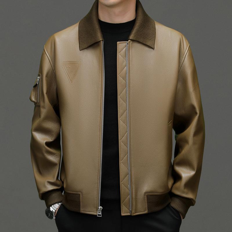 Spring and Autumn new first-layer sheepskin leather leather jacket men's middle-aged collar removable leather jacket casual jacket