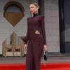2025 High Neck Satin Bodycon Evening Dress - Women's Hollow-Out Pleated Design