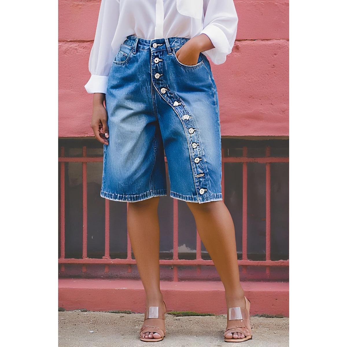 

European and American Style Multi Button High Waist Five Quarter Straight Leg Jeans S синий