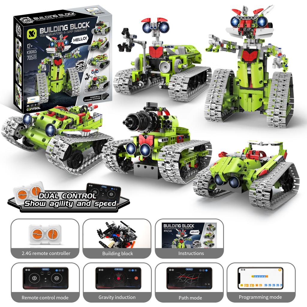 Moc 705Pcs 5 In 1 Creative Electric Rc Lunar Versatile Robot Model Assembly Diy Building Blocks Children'S Puzzle Toy Gift