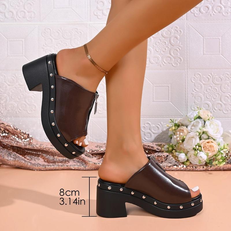 

Block Heel Rivet Cool Drag Women Summer Outside Wear Round Toe Zip Platform Slip Casual Fish Mouth Slippers 36