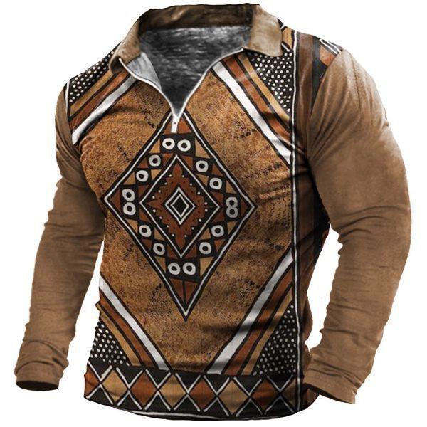 Ethnisch Stammes Geometrisches Muster Langarm Poloshirt, Mode Lässiges Oberteil