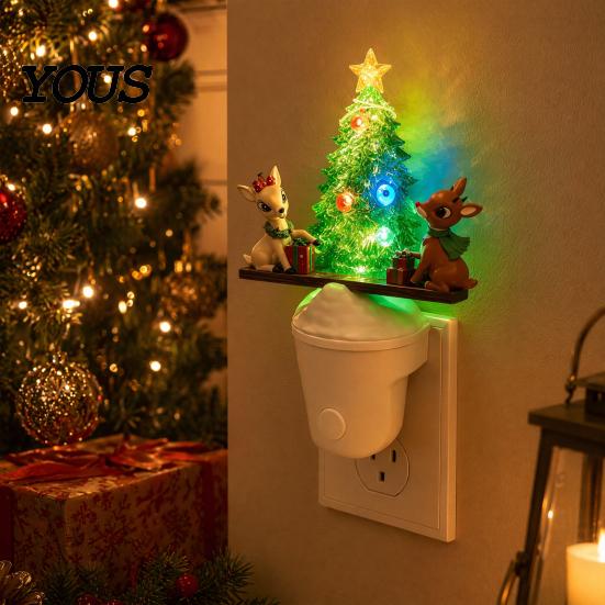 Plug-in Night Light for Bedroom Christmas LED Light, Resin Glowing Tree Lamp with Kids Reindeer Modern Relief Texture Seesaw Design, Wall Decor