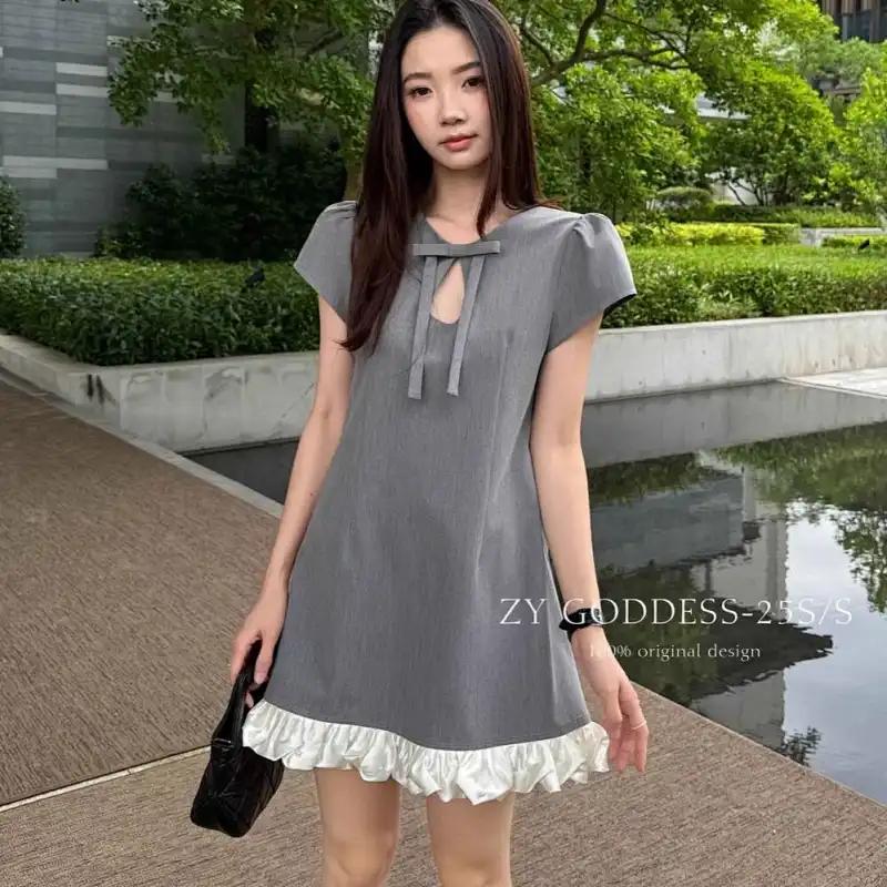 

Bow Puff Sleeve Dress Women s Slim Fit Patchwork Cloud Hem A-line Skirt S сірий колір