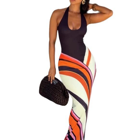 Maxi Abito Stampato da Donna con Scollo all'Americana Senza Maniche Bodycon Abito da Vacanza