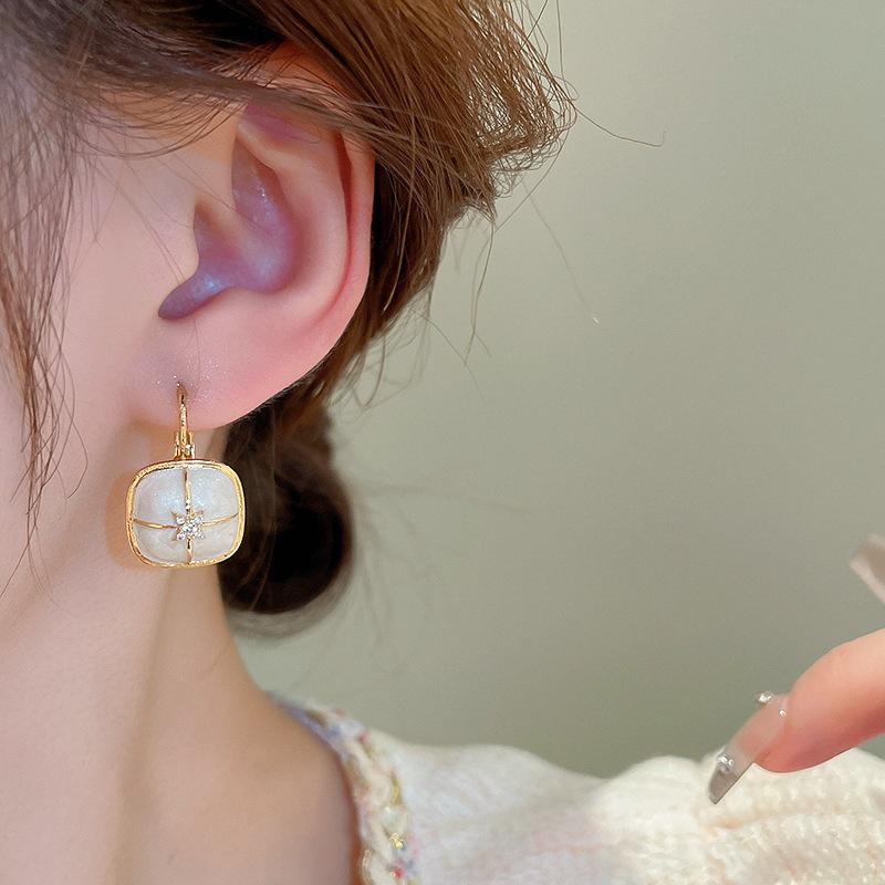 Zircon square oil drop ear buckle French niche design earrings fashion high-end earrings
