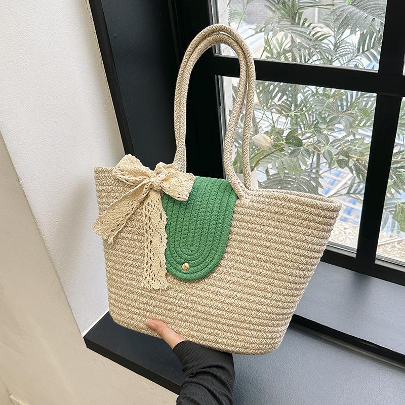

Holiday wind large-capacity woven vegetable basket bag 2025 new photo beach bag shoulder tote bag straw bag No silk scarf added зелёный