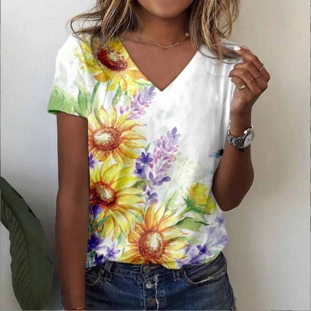 Summer New Style Floral 3D Print Casual V-Neck Women Short Sleeve Comfortable Polyester Fiber Fashion