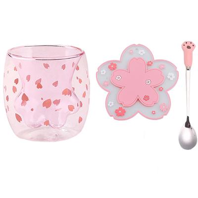 Double Wall Glass Coffee Mug With Spoon And Coaster Cartoon Cute Cat Milk Juice Cup Home Office Cat Claw/Paw Cup For Girl Gift