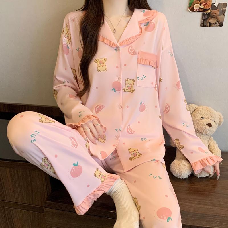 Contrasting color dachshund dog imitation cotton pajamas women's spring and autumn new sweet lace long-sleeved loose loungewear