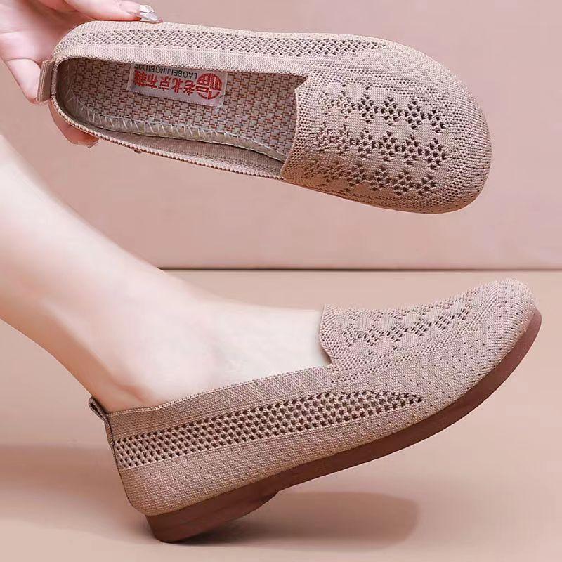 2026 Woman's New Summer Mesh Hollow Flat Sole Casual Shoes Soft Sole Non Slip Breathable Slip-On Mom's Nude Shoes Elderly Shoes