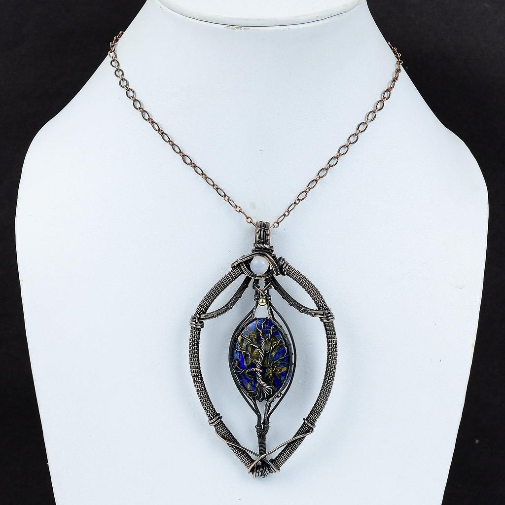 Tree Of Life Copper Sodalite Pendant Copper Wire Wrapped Pendant Rainbow Moonstone Pendant Gemstone Jewelry Gift For Her Copper Wire Jewelry