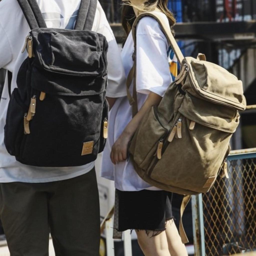 Canvas and Genuine Leather and Unisex Plain Backpack Canvas Simple Military Outdoor Travel Business Trip Rucksack Outdoor Sports College Students High