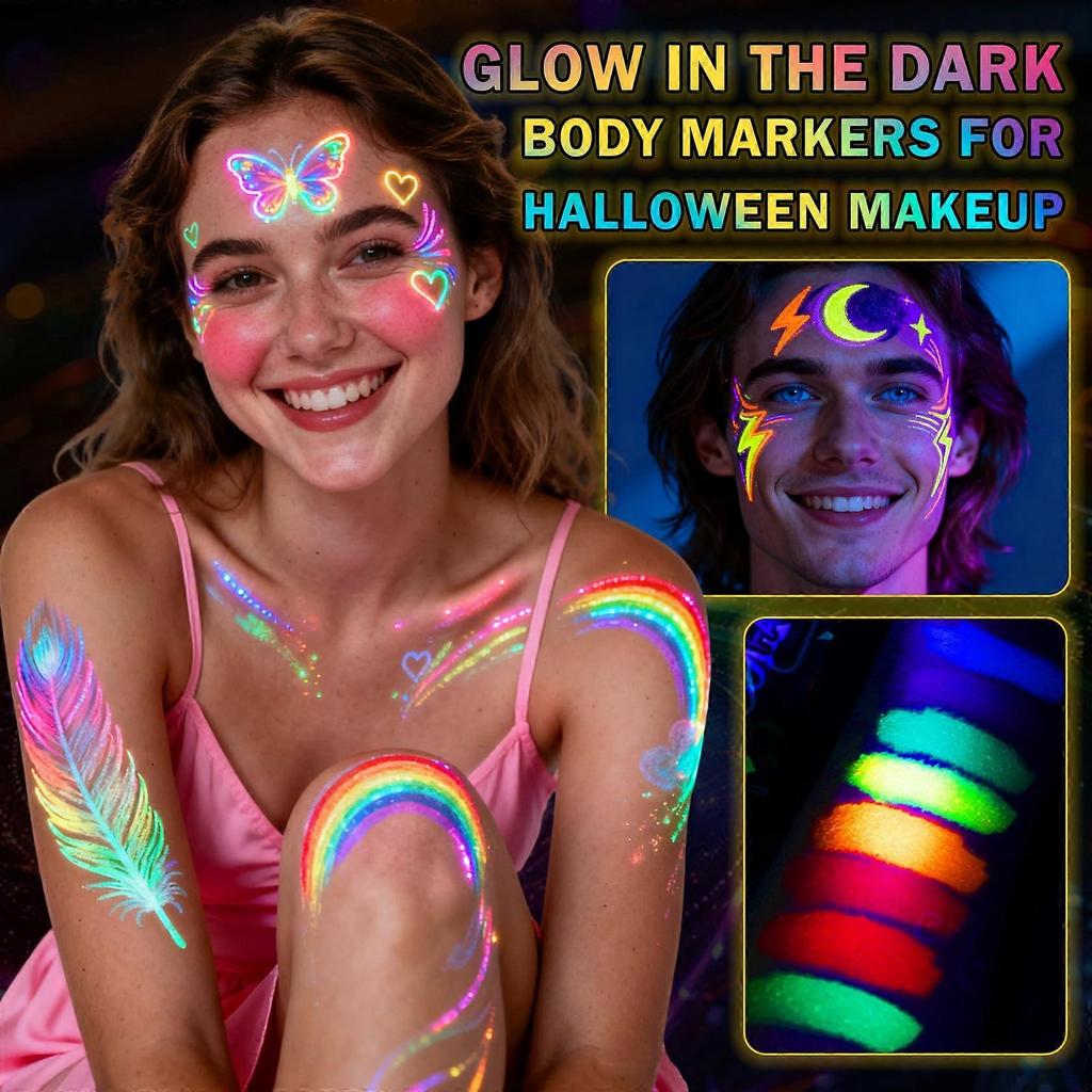 UV-Gesichtsfarbmarker 8 Farben Leuchten im Dunkeln, Schnelltrocknend Hautfreundlich für Halloween und Festivals