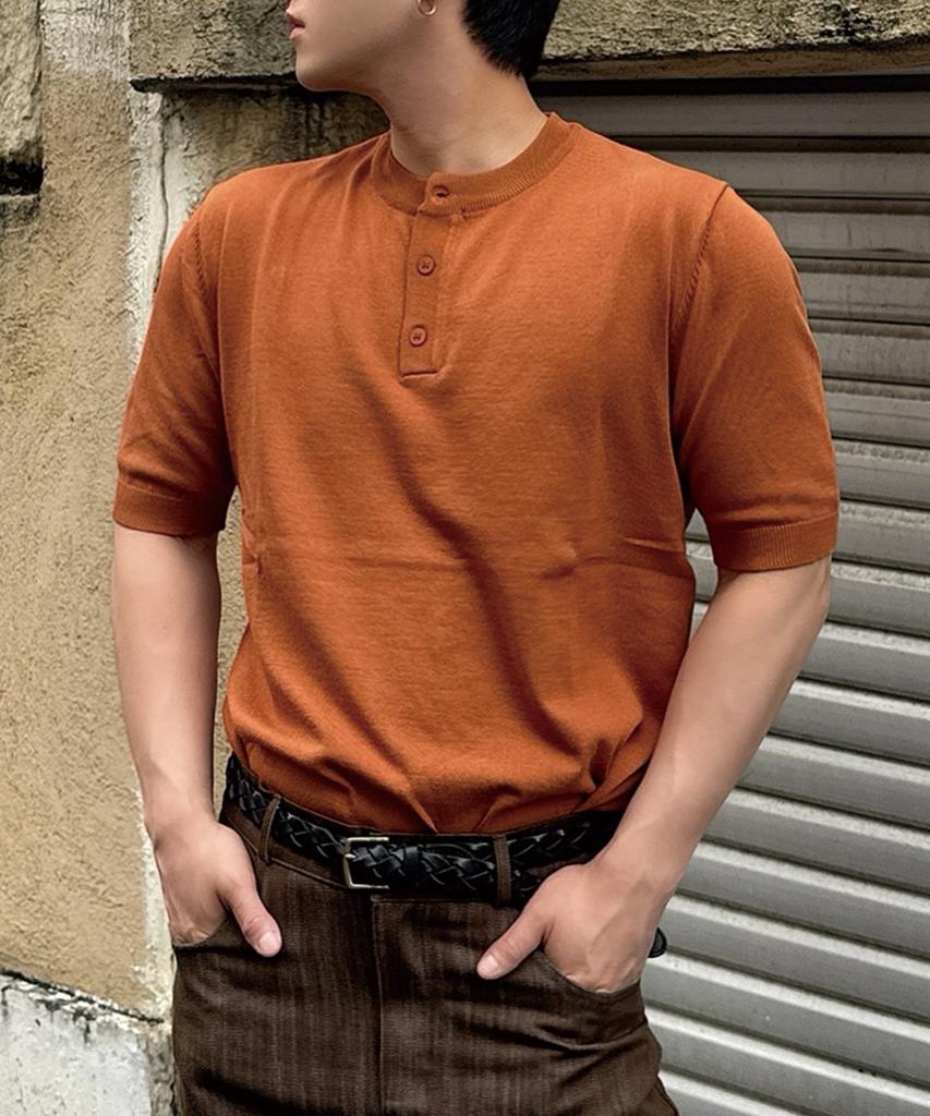 HERVINO Modern Henley Neck Muscle Fit Short Sleeve Knit [Camel]