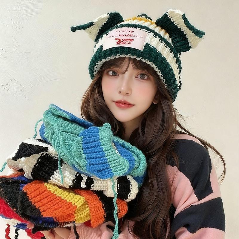 1PC Spliced Colors Festival Pig Ears Keep Warm Gathering New Style Knitted Hat Fashionable Cute Take Photos Thickened