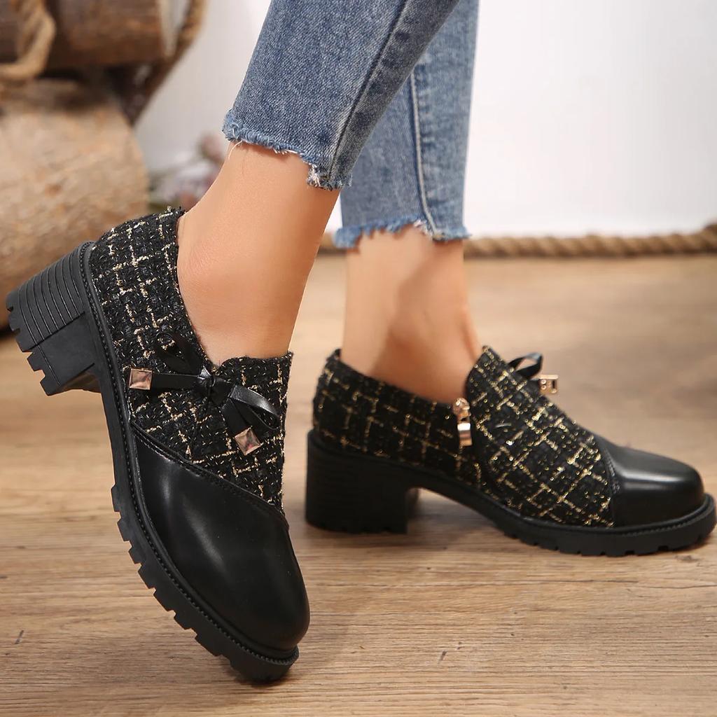 Fashion Comemore Women's Elegant Colorblock Pumps 2025 Spring New Thick Heel Ladies Single Shoes Round Toe Bowknot Decor Heels for Women