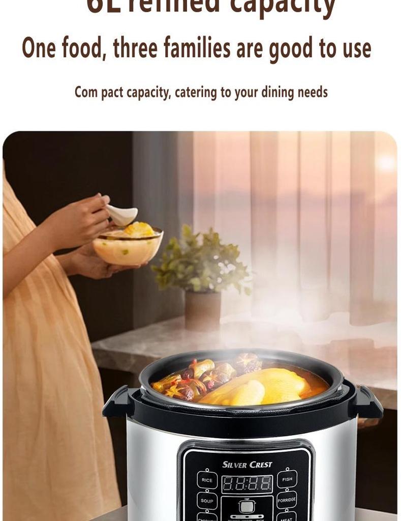 6L Explosion-Proof Pressure Cooker: Thickened, Large Capacity, Multifunctional with Preset Timing for Household Use