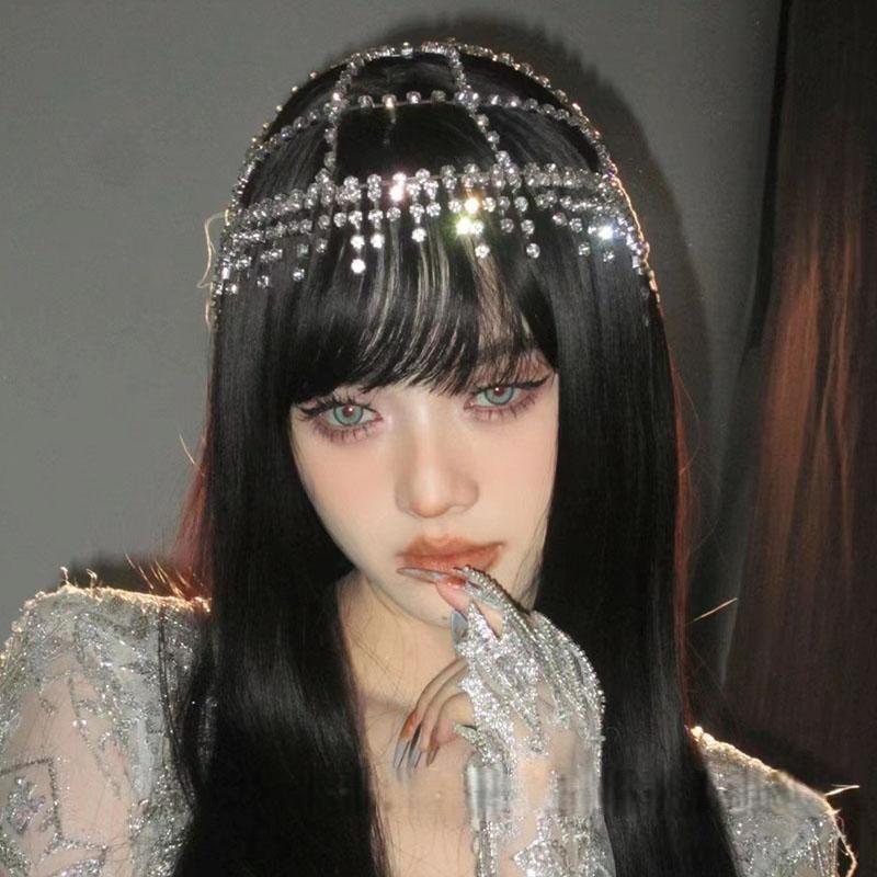 1Pcs Women Hair Accessories Vintage Hollow Mesh Tassel Cap Headpiece Bohemian Rhinestone Head Chain Hat Dance Perform Jewelry