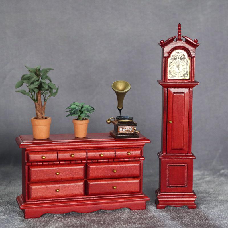 1:12 Miniature Dollhouse Retro Solid Wood Grandfather Floor Clock Ornament