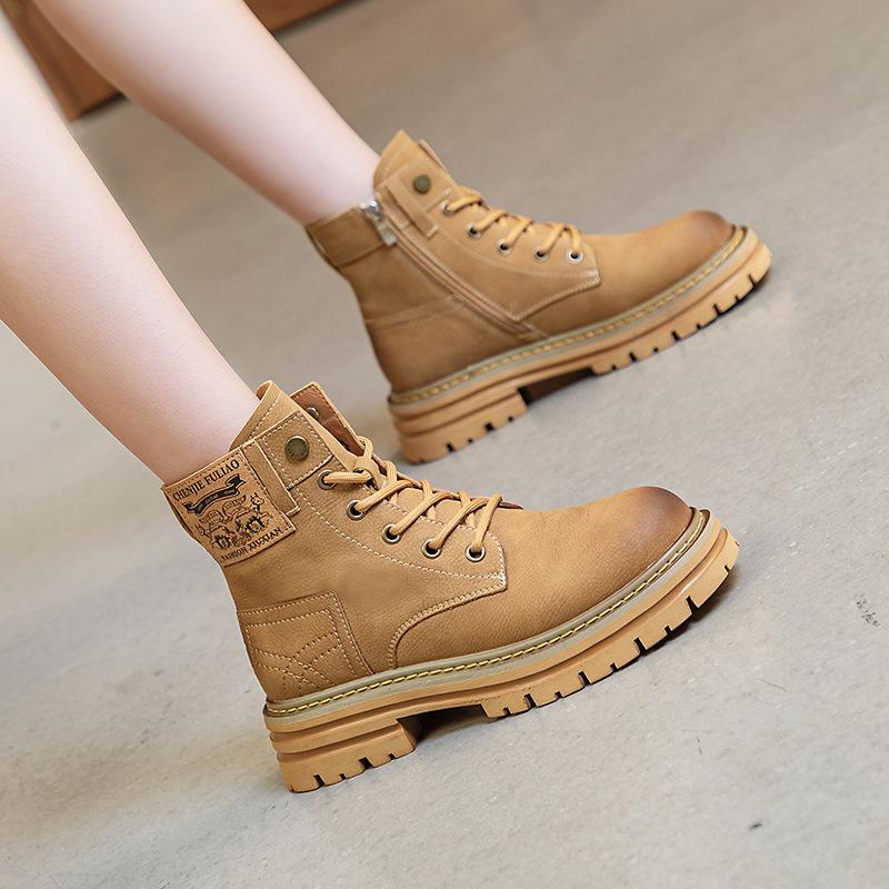 Martin boots women's autumn new leather short boots small inner heightening locomotive boots women's thick heel boots