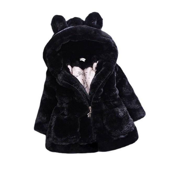 Autumn/Winter Girls' Furry Sweater Coat with Faux Fur Ears, Thickened Cotton-Padded