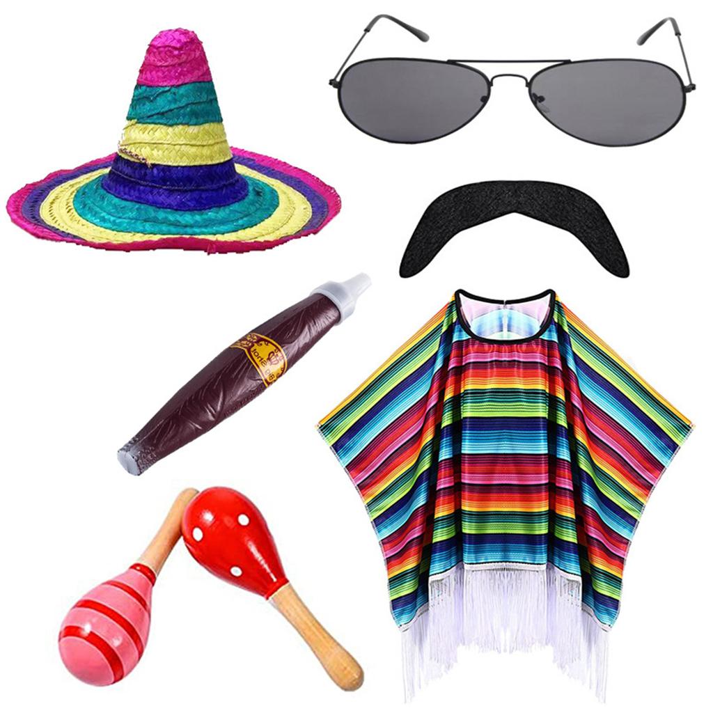 Mexicans Party Outfit for Kids Adult with Poncho Cape Sombrero Hat Sunglasses Maracas and Mustache for Interactive Fun