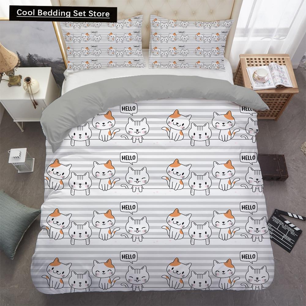 Cartoons Niedliche Katze Bettbezug Bettdeckenbezug Kissenbezug Junge Mädchen 2/3-teiliges Bettwäscheset King Queen Größe Kitty Polyester Bettdeckenbezug