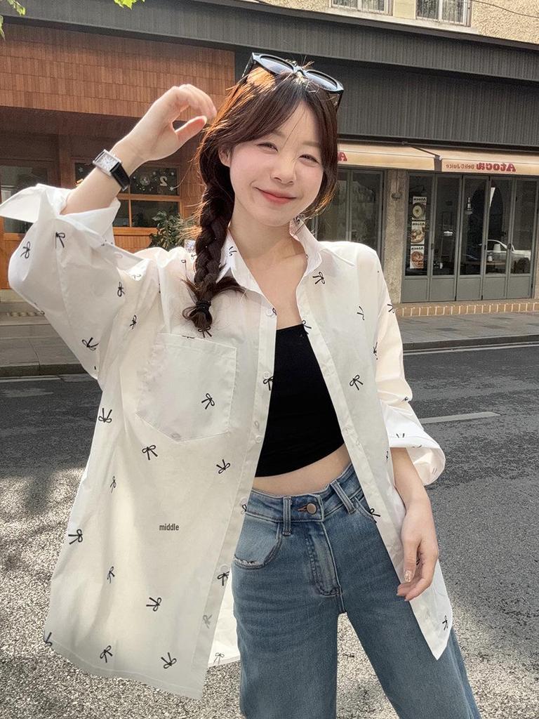 Plus Size Women's Simple Bow Long Sleeve Spring Shirt