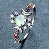 European and American Personalized Platinum Round White Opal Smooth Surface Double Moon Edge Inlaid with Colored Diamonds White Diamond Versatile Ring