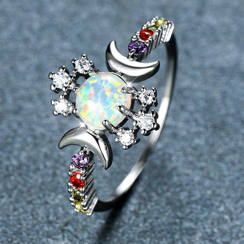 European and American Personalized Platinum Round White Opal Smooth Surface Double Moon Edge Inlaid with Colored Diamonds White Diamond Versatile Ring