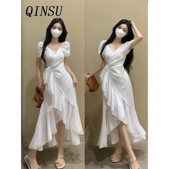 

Super fairy gentle wind V-neck dress holiday wind girl waist irregular ruffle leaf edge first love A word medium and long dress 2XL