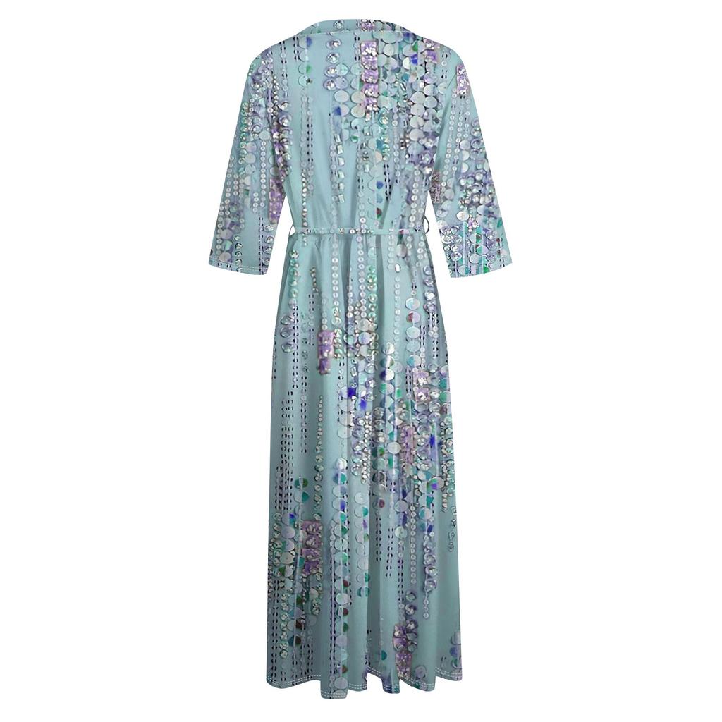 Damesmode Casual Print Revers Kraag Knoop 3/4 Mouw Kleding Bandjes Jurk