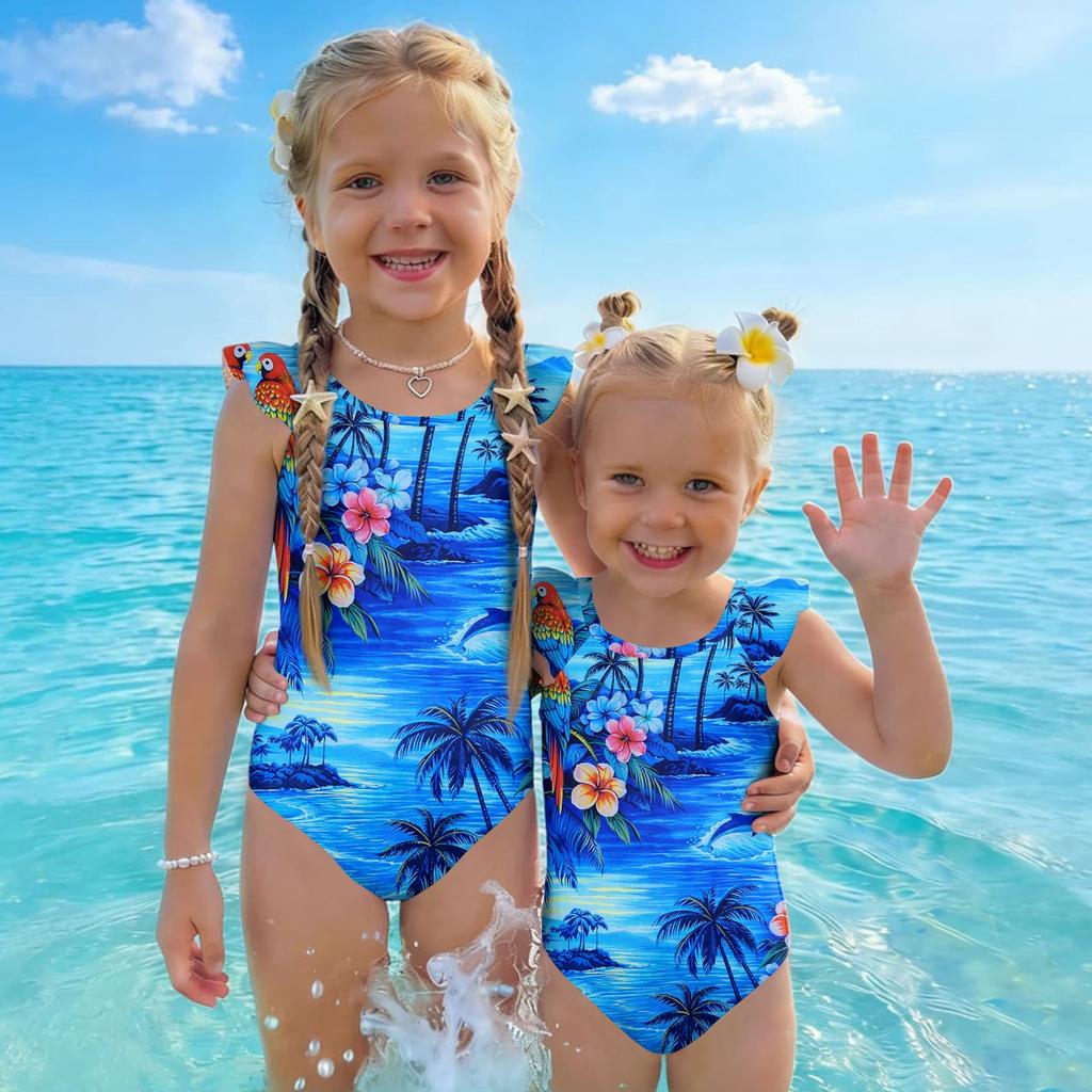 Girls One Piece Swimsuit Hawaiian Print Sleeveless Ruffle Shoulder Swimwear Kids Beachwear Bathing Suit for Summer Pool Water Activities