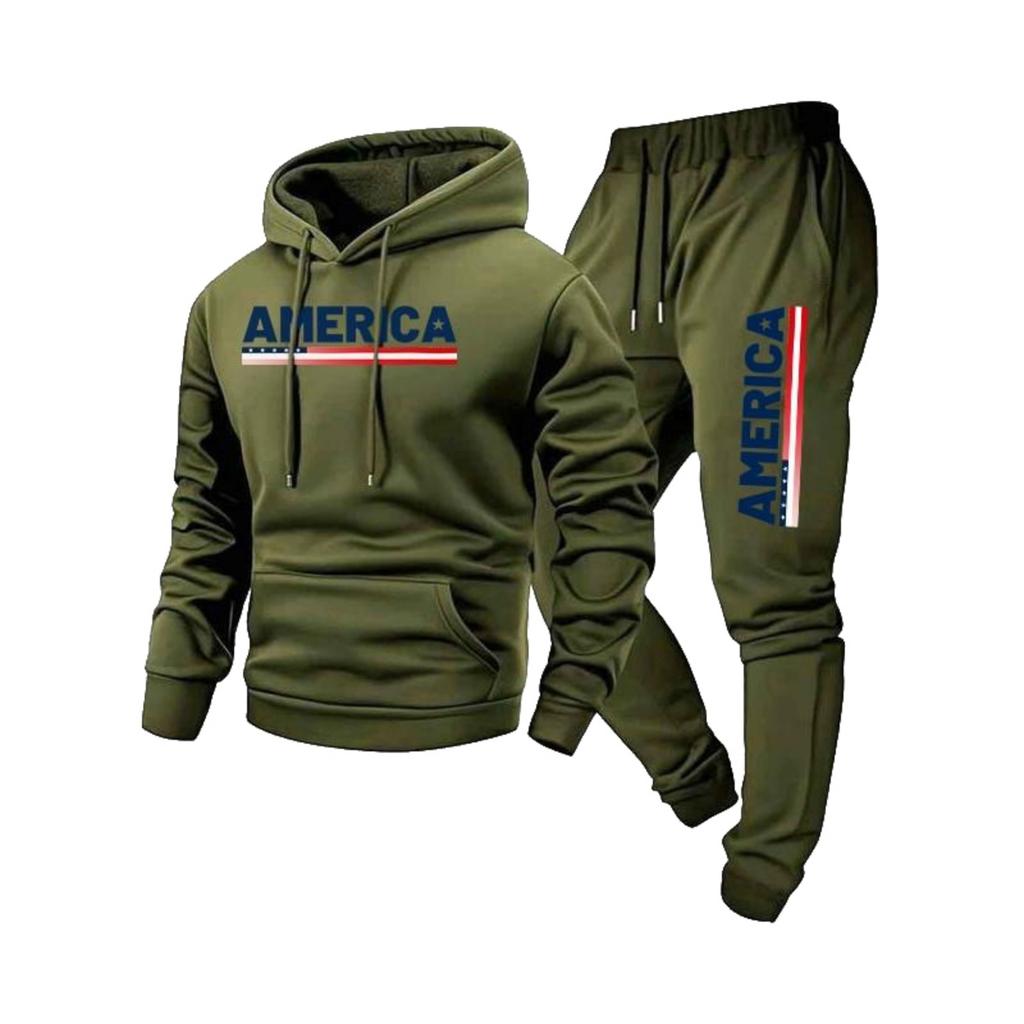 Men's Casual -color Letter Print T-shirt Set - Men's Fleece Hooded Drawstring T-shirt And Pants Two-piece Set