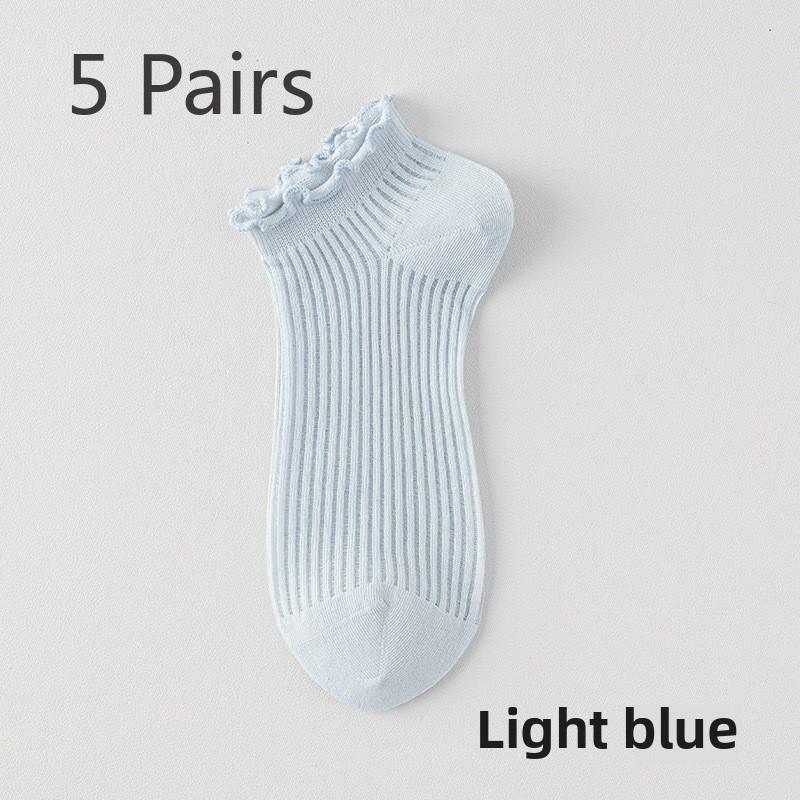 5 par spetssockor Dam Vår och Sommar Tunna Godisfärgssystem Nät Andningsbara Benfria Träöra Spets Låga Korta Bomullssockor