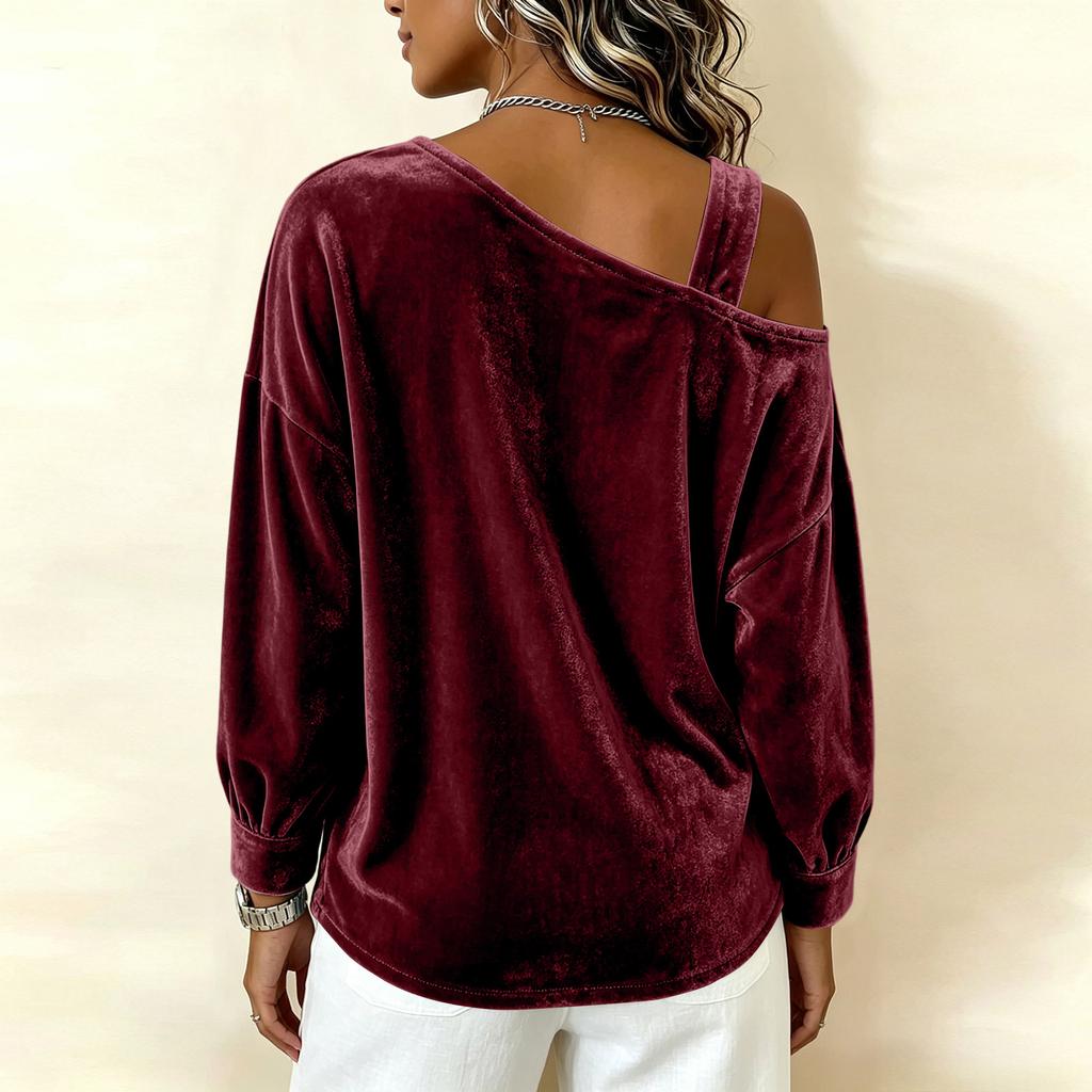 Women's Velvet Off Shoulder Top, Loose Fit Pullover Blouse, Asymmetric Neckline for Casual Everyday Wear
