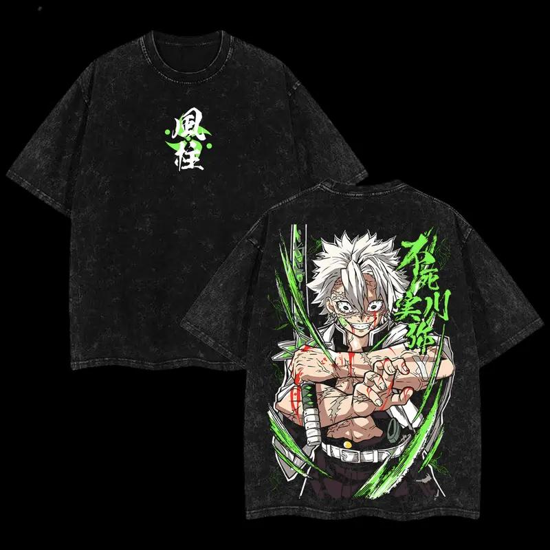 Demon Slayer Shinazugawa Sanemi Print T-shirt Men Women Tshirts Short Sleeve Cotton Clothing Retro Washed T Shirt Harajuku Tops