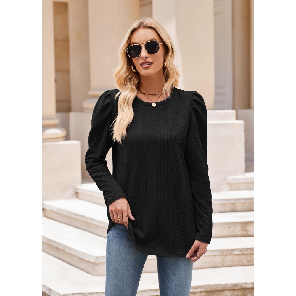 Round Neck Bubble Sleeve Knitting Jacquard Solid Color Top Long Sleeve Women's T-shirts