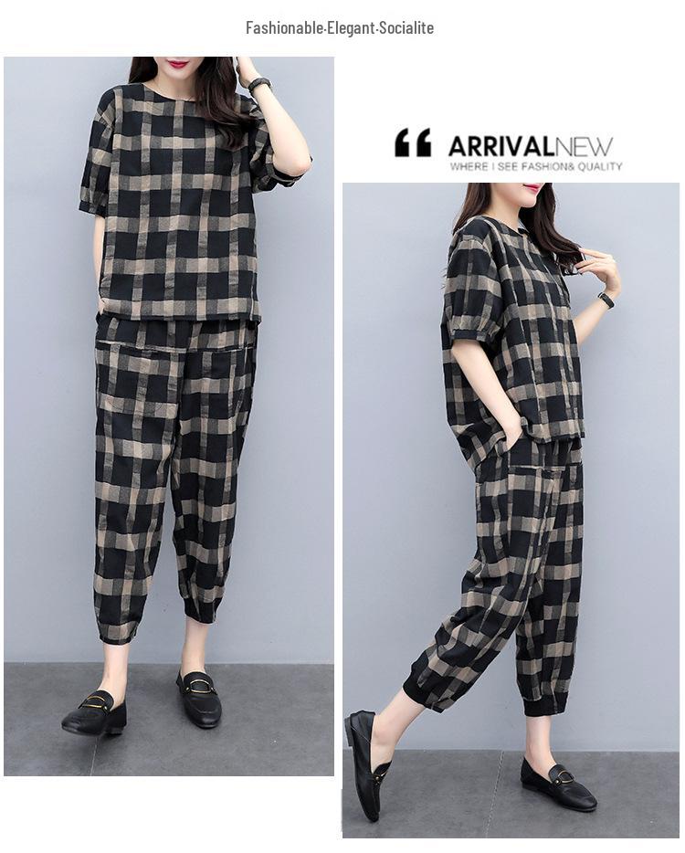 Women's Plaid Two-Piece Set: Summer Plus Size Casual Short Sleeve Top and Nine-Point Pants