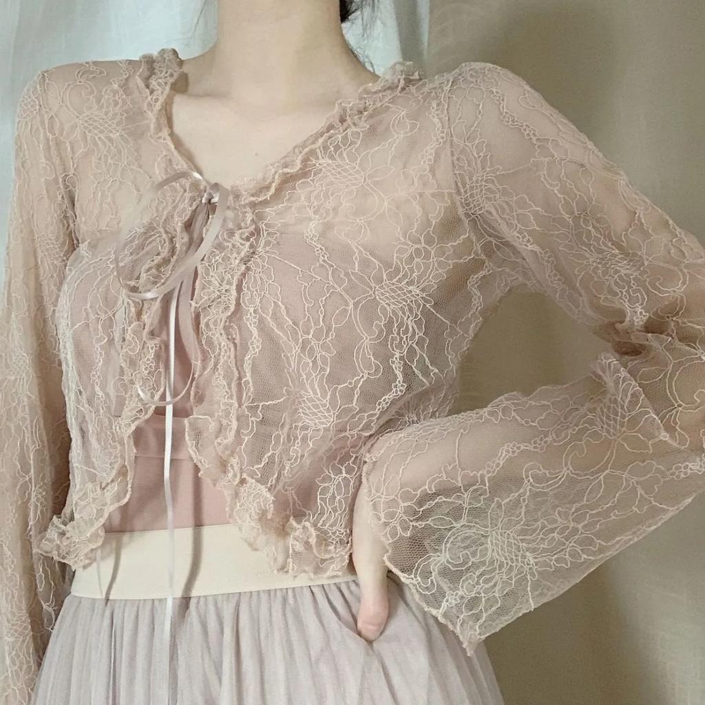 WTEMPO Retro Spring Summer Casual Versatile Thin Breathable Cardigans Women's Elegant Casual Solid Color Lace Sunscreen Shawls Coats