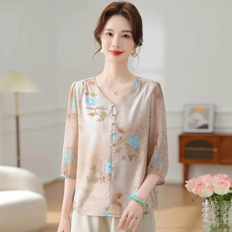 

Women s Light Blue Floral Print V-Neck Half-Sleeve Chiffon Blouse Fresh Casual Office Top XL рожевий