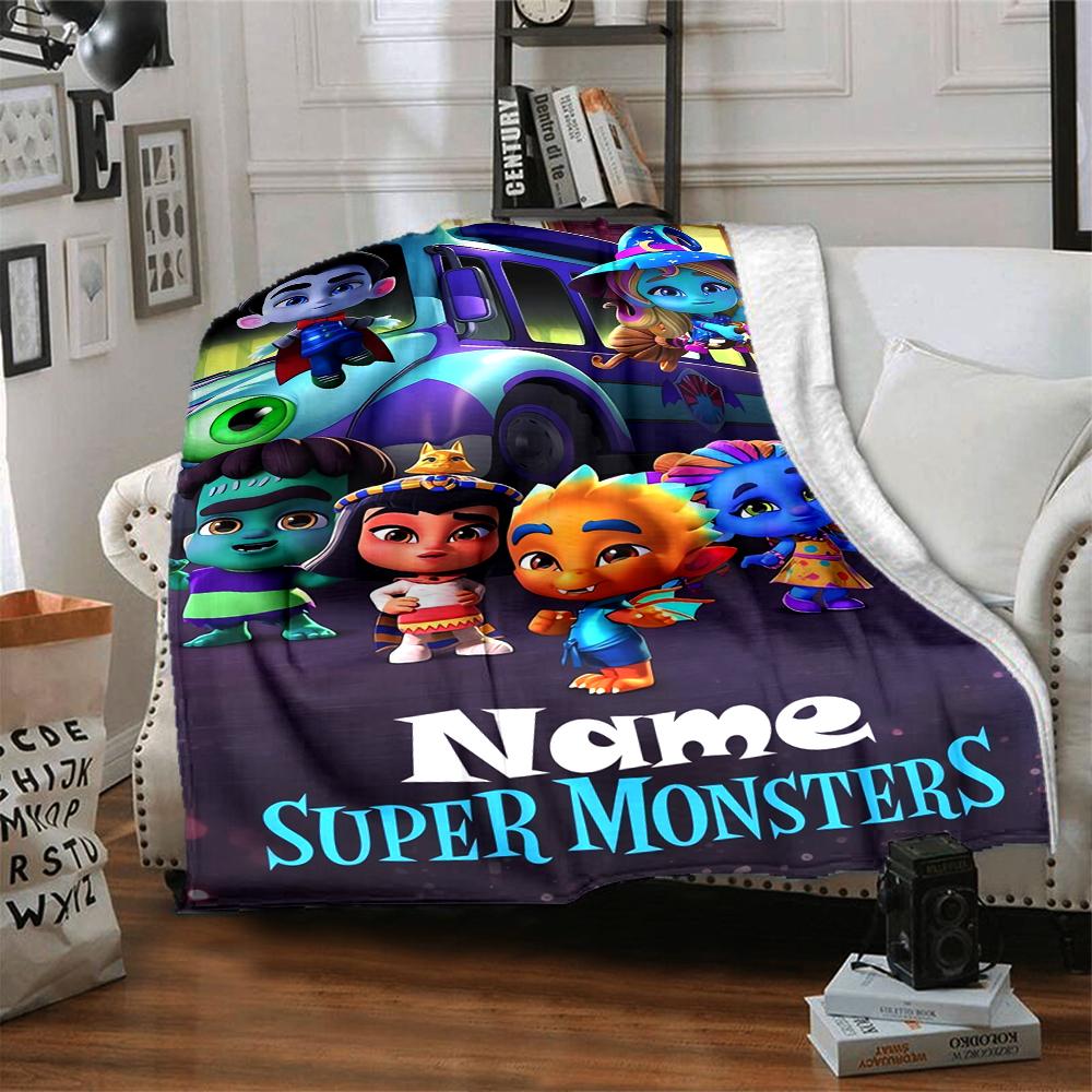 Custom Name Super Monsters Theme Printed Blanket - Perfect for Couch, Bed, Travel & Outdoor Use | Machine Washable, Cozy & Durable.